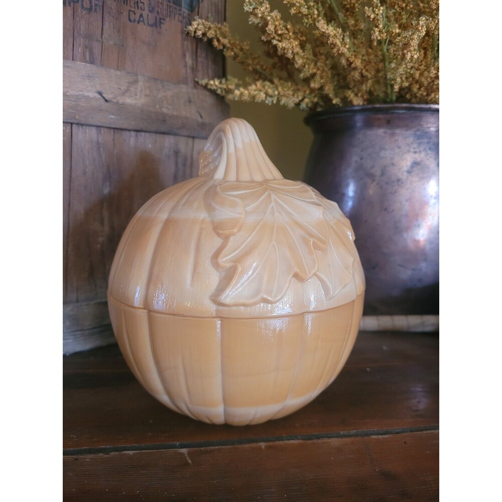Longaberger Orange Caramel Slag Glass Pumpkin SWIRL LEAF Fall Autumn Jar w/Lid